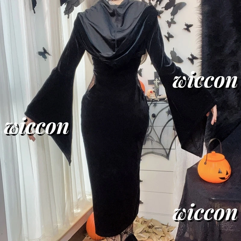 ハロウィンゴシックグランジパンクドレス女性用長袖ホーンスリーブブラックセクシーy2k原宿パーティードレス衣装