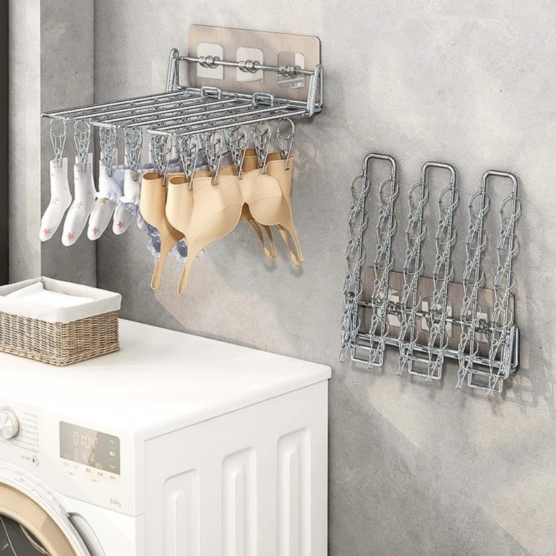 Clothes Drying Rack Balcony Wall Mounted Storage Clip Stainless Steel Folding Sock Hanger for Drying Towel Bra Underwear