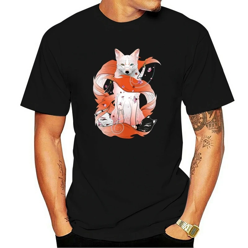

Chic Red Kitsune T Shirt Manga T-shirt Men Tshirt Summer Tops Japan Anime Tees Mens Clothing Black Color Hip Hop Streetwear