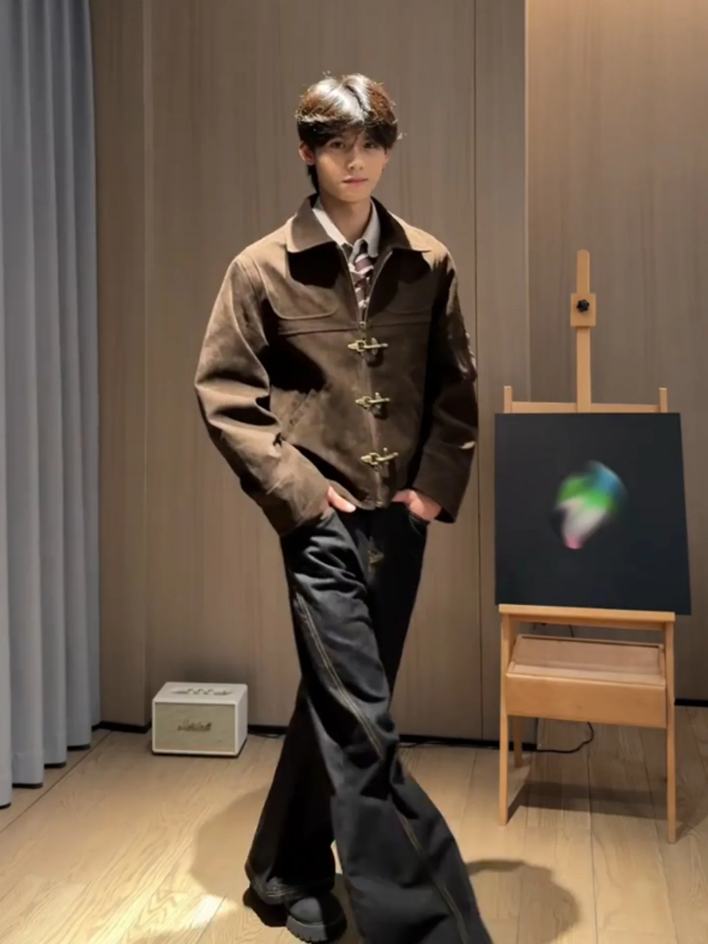 

Осеннее новое мужское пальто Jacet в стиле ретро, замшевое пальто на молнии, дизайн янтарного цвета, блестящая винтажная верхняя одежда со вкусом