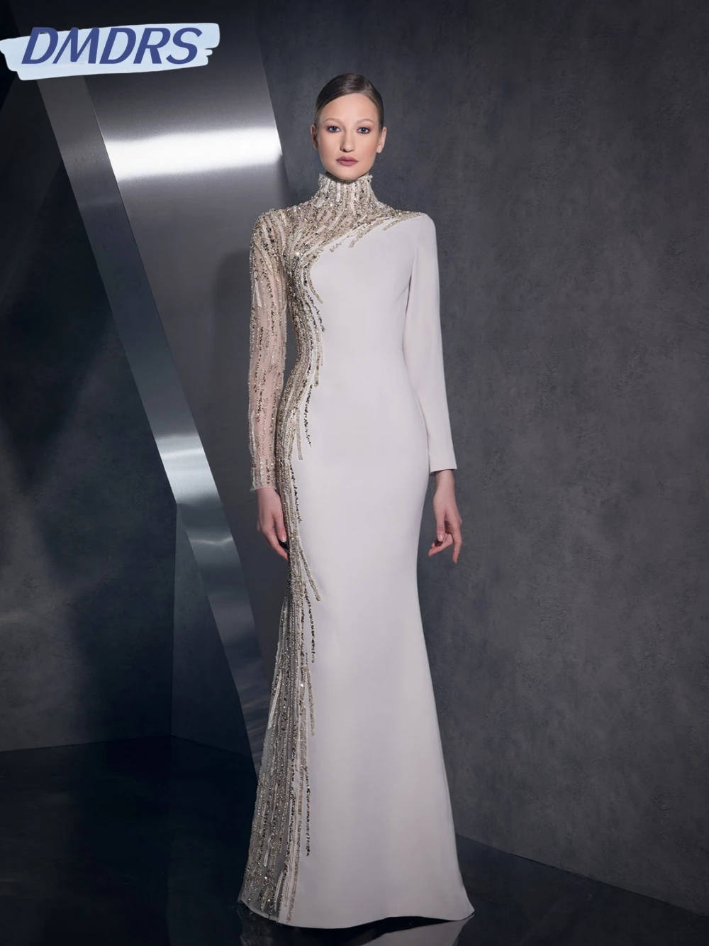

New Arrival Beaded Satin Long Evening Dress Modest High Collar Mother Of The Bride Dresses For Wedding Customized Prom Gown