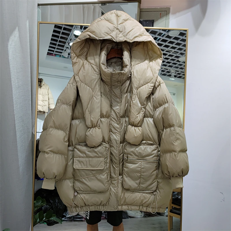 2024 Korean Fashion Winter White Duck Down Coat Women Hooded Parka Autumn Jacket Female Medium Length Warm Overcoat With Scarf