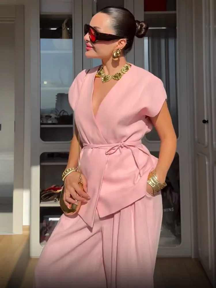 

Ladies Casual Pure Color Pants Set Sleeveless Waist Lace-up Top Loose Long Wide-leg Trousers Suit Commuting Home Leisurewear