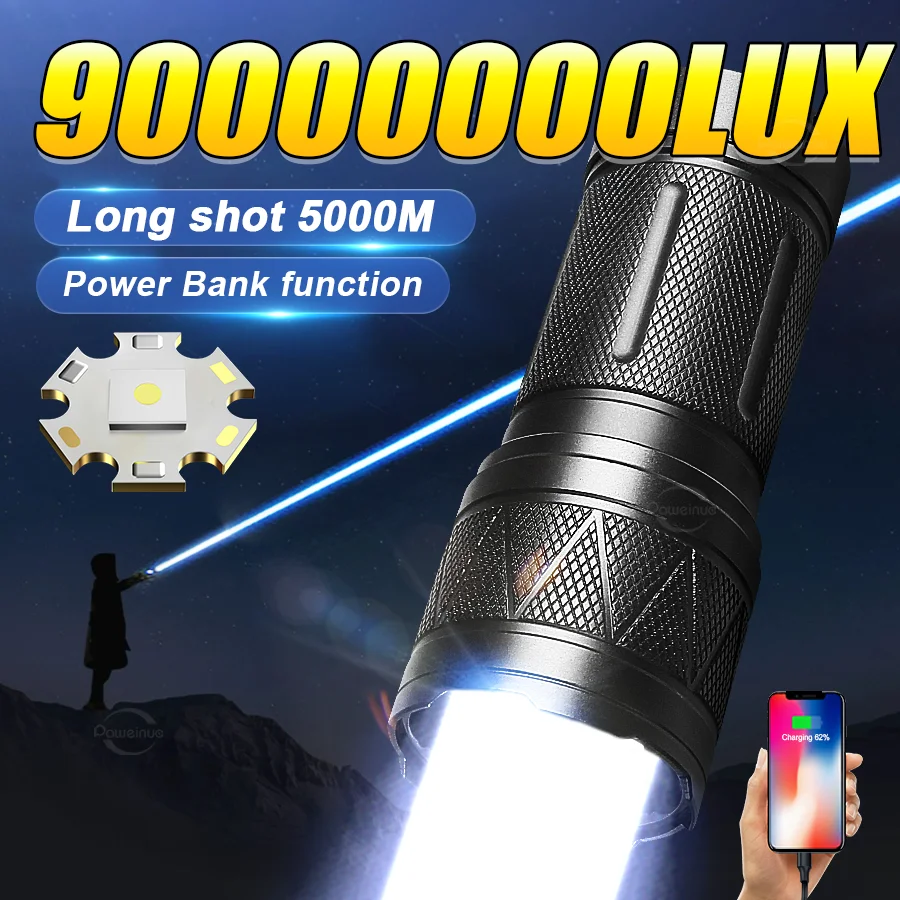 

Портативный мощный фонарь 9000000 люмен из алюминиевого сплава со встроенным аккумулятором 3x18650, перезаряжаемый, с телескопическим зумом и функцией Power Bank
