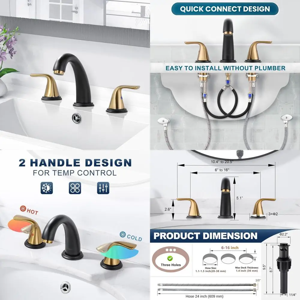 

Black Gold Widespread 3-Hole Bathroom Sink Faucet with Pop-Up Drain and Lead-Free Stainless Steel Hose