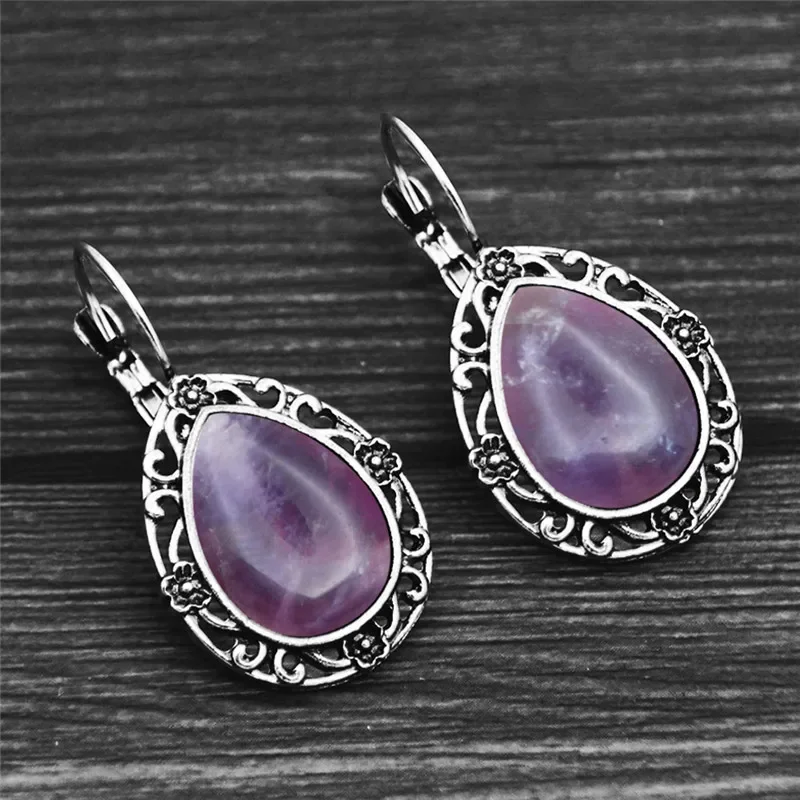 Vintage Water Drop Pendant Natural Amethysts Sets For Women Antique Silver Plated Flower Stone Necklace Earring Fashion Jewelry