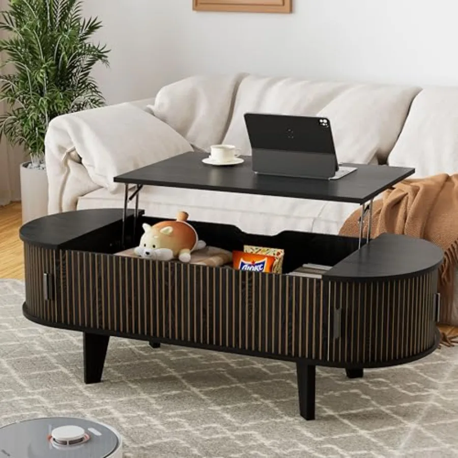 

47.2 Oval Lift Top Coffee Table with Storage Wood Fluted Coffee Table 180 Sliding Tambour Door Mid Century Modern Center Table