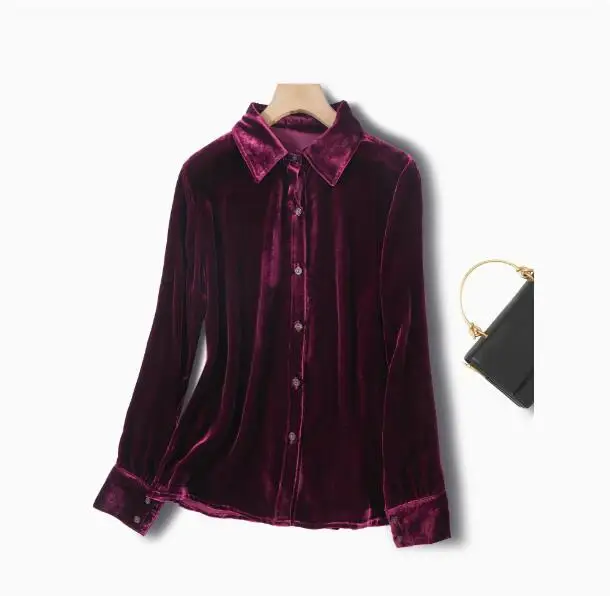 High-grade Mulberry silk velvet long sleeves shirt mulberry silk coat autumn and winter women