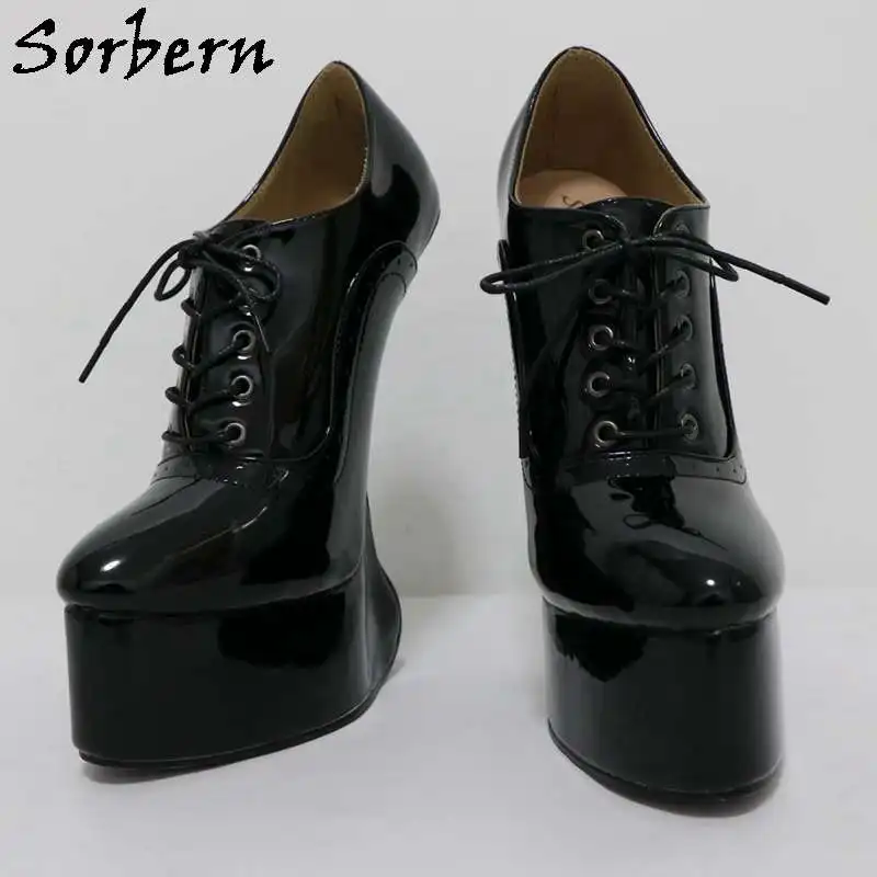 Sorbern Black Shiny Lace Up Bdsm Heelless Shoes 20cm High Heels Thick Platform Pump Patent Unisex Platform Shoes Plus Size 46