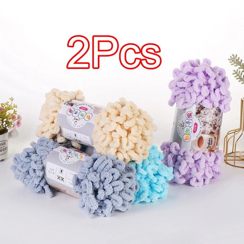 2Pcs Puffy Finger Loop Yarn Needle No Skewers Polyester Chunky Giant Chenille Yarn for Handmade Knitting Blanket Scarf