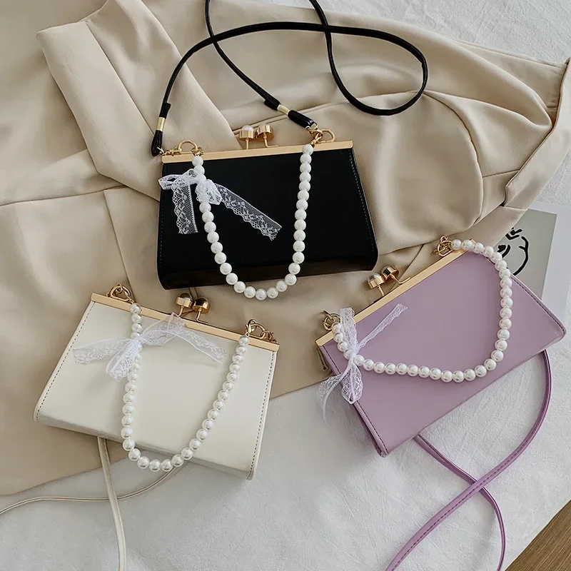 Women\'s Satchels Crossbody Bags Fashion Hard PU Leather Solid Color Pearl Handle Handbags Lady Single Strap Small Shoulder Bags