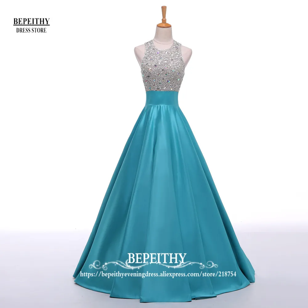 BEPEITHY Customized Real Image A Line Evening Dress Beadings Crystal Bodice Open Back Party Elegant Vestidos De Fiesta Elegantes