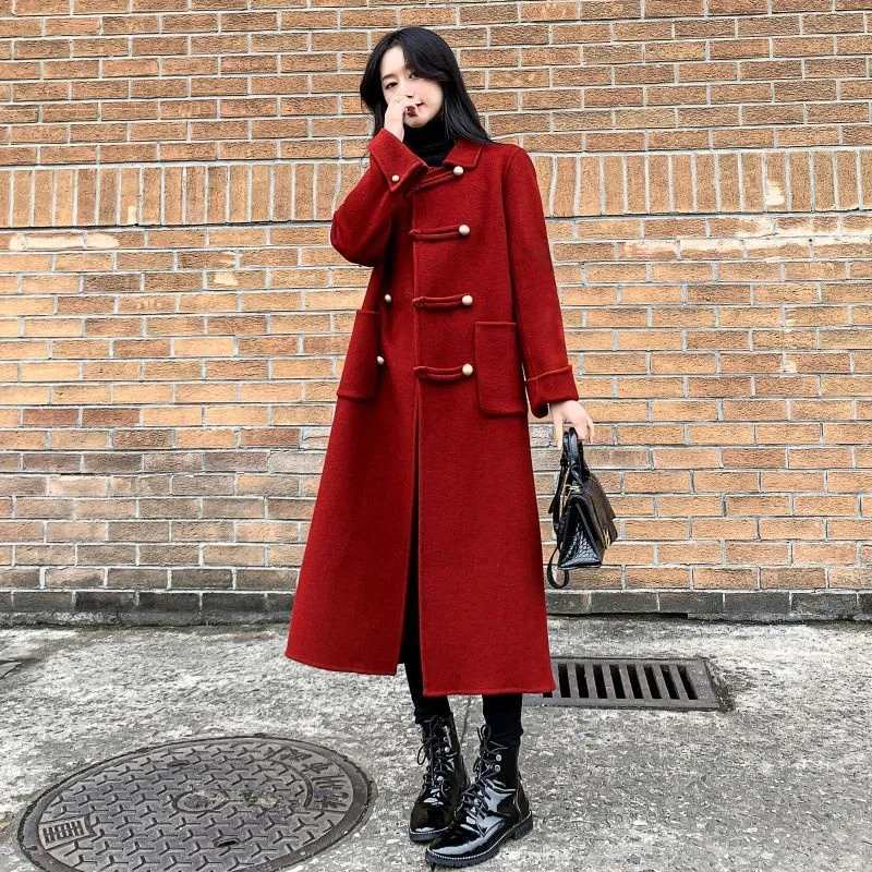 

Autumn Winter 2023 Oversize New Medium Long Bull Horn Button Korean Version Loose Skinny British Style Fat Women's Woolen Coat