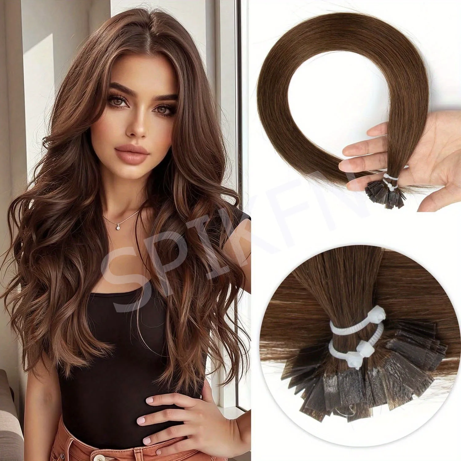 女性用フラットチップヘアエクステンション-fチップ-u-kチップ-フュージョンヘアエクステンション-本物のレミー人毛-ブラウン-ブラック-ブロンド