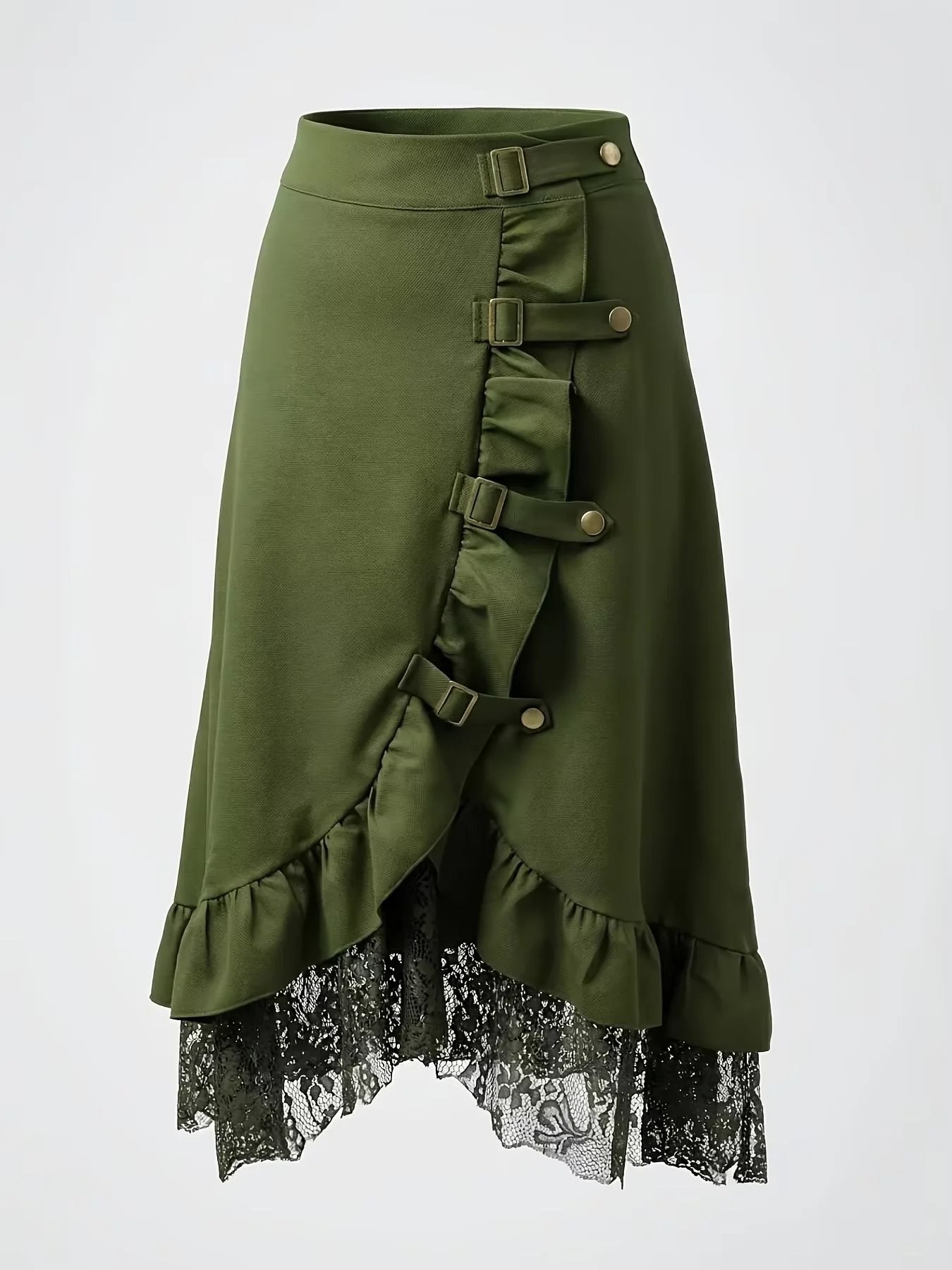

Elegant Large-Sized Retro Dress for Women Dark Green Waist Ribbon-Button Detail Party Skirt Elegant Retro Party Dress