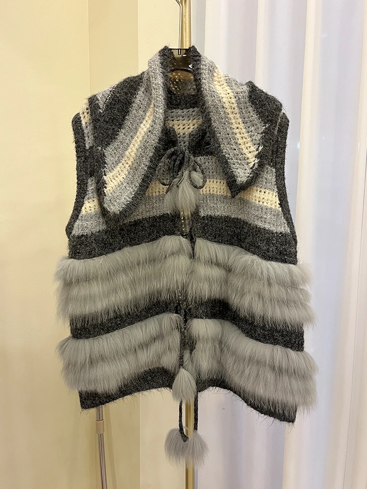 

Women Spring Autumn Lady's Sweater Vest Cardigan Waistcoat Natural Real Fox Fur Knitted Oversize Coat Fox Fur Decoration Jackets