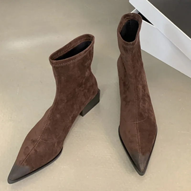 2024 Fashion Women Boots Brand Booties Thick Low Heel Pointed Toe Ankle Boots Casual Back Zipper Chelsea Boot Winter Shoes Mujer