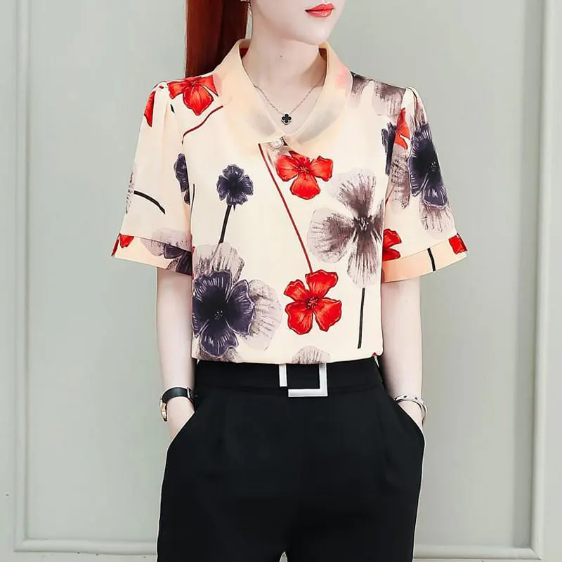 Office Lady Sweet Peter Pan Collar Blouse Summer New Loose Fashion Floral Printed Female Chic Three-dimensional Decoration Shirt