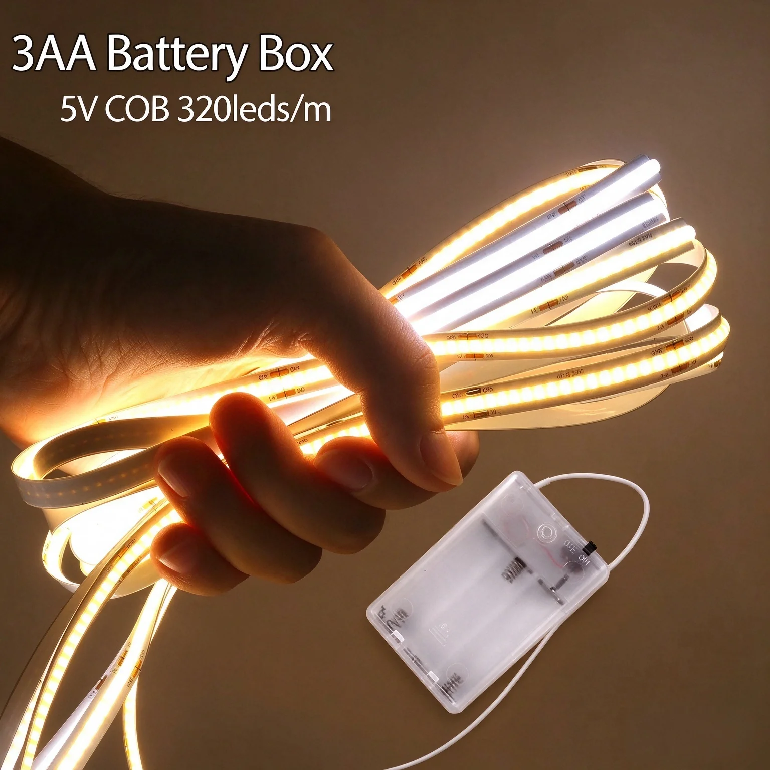 3 Aa Battery Box (Batteries Not Included) 5V Cob Led Strip, 8mm Wide, 320 Leds/Meter, Warm Light/Natural Light/Cold Light, Flexible Cob Led Strip, Suitable for Bedroom Cabinets, Tv Backlighting, Under-Shelf Cabinets, W