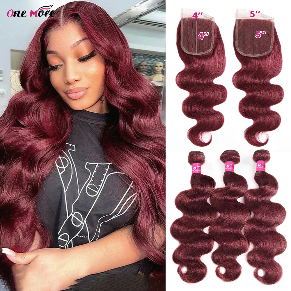 5x5 Closure With Bundles 99J Burgundy Body Wave Bundles With Closure Dark Red Colored Human Hair Bundles With Closure Free Part