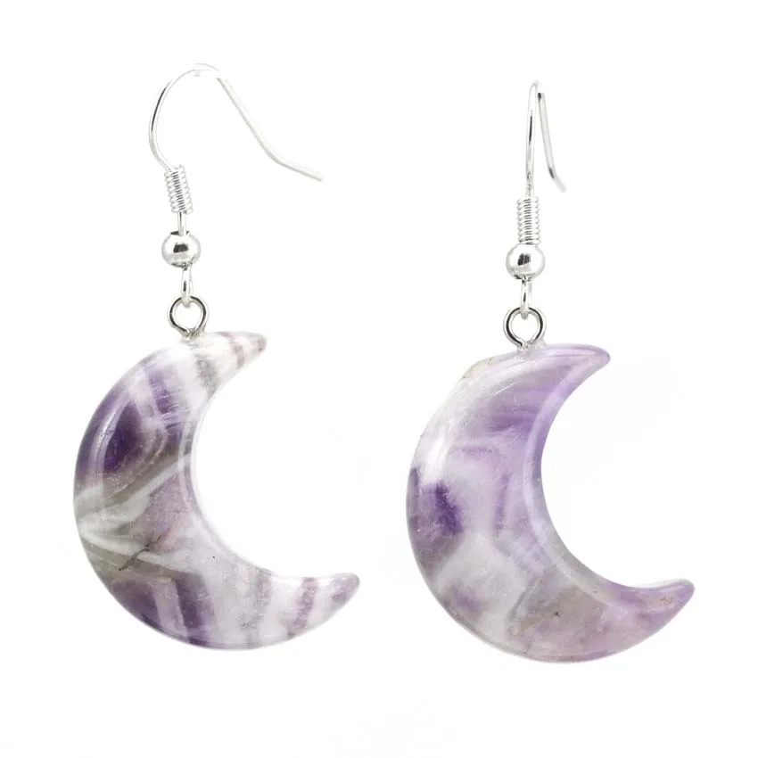 

Crescent Moon Crystal Stone Earrings Natural Amethyst Rose Quartz Lapis Lazuli Black Agate Tiger Eye Stone Dangle Hook Earring
