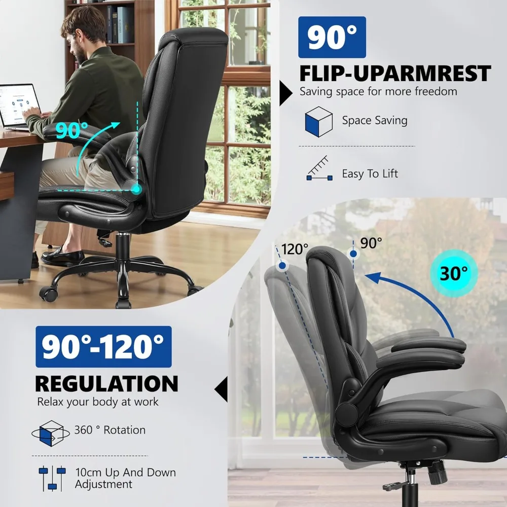 pu leather executive office chair, ergonomic high-back computer & gaming chair with adjustable height, rolling swivel & flip-up