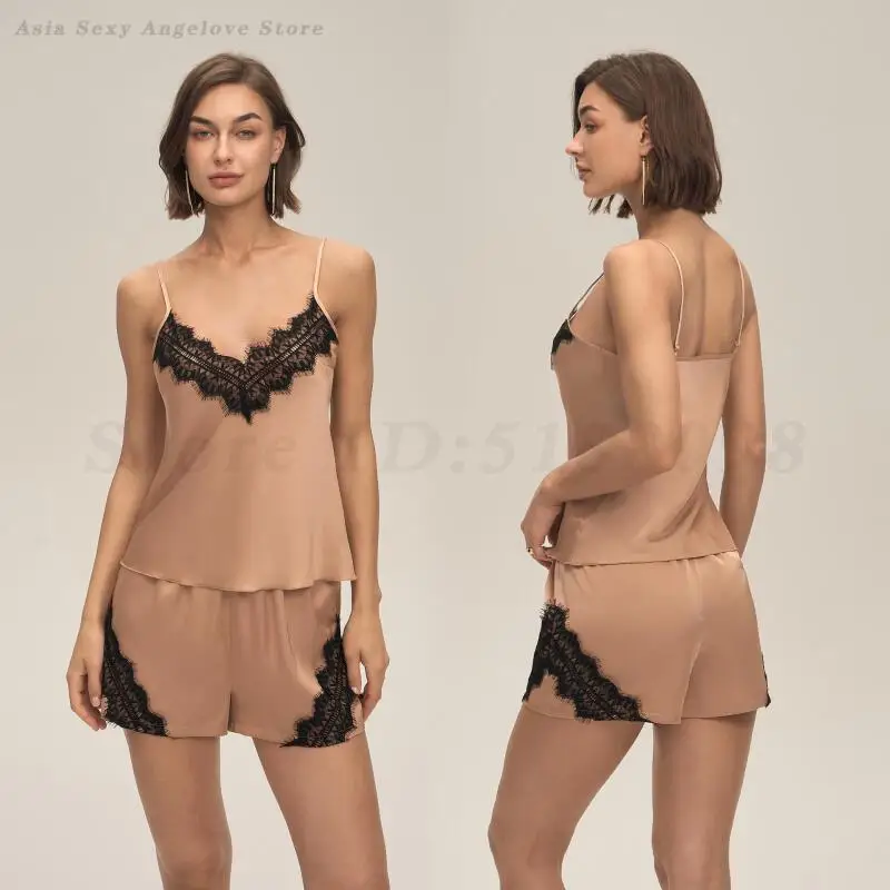 

Женский пижамный комплект из 2 предметов, сексуальный топ и шорты с кружевными ремешками, интимное белье, летняя атласная одежда для сна, свободная домашняя одежда, сорочка, ночное белье