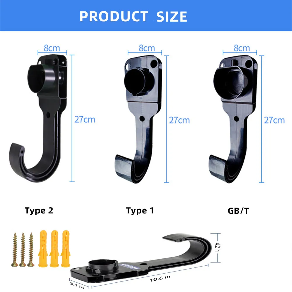 Universal EV Charger Holder Wall Mounted EV Charger J-Hook Holder Holster Nozzle Dock for Type 2/Type 1/GBT Plug EV Cable Holder