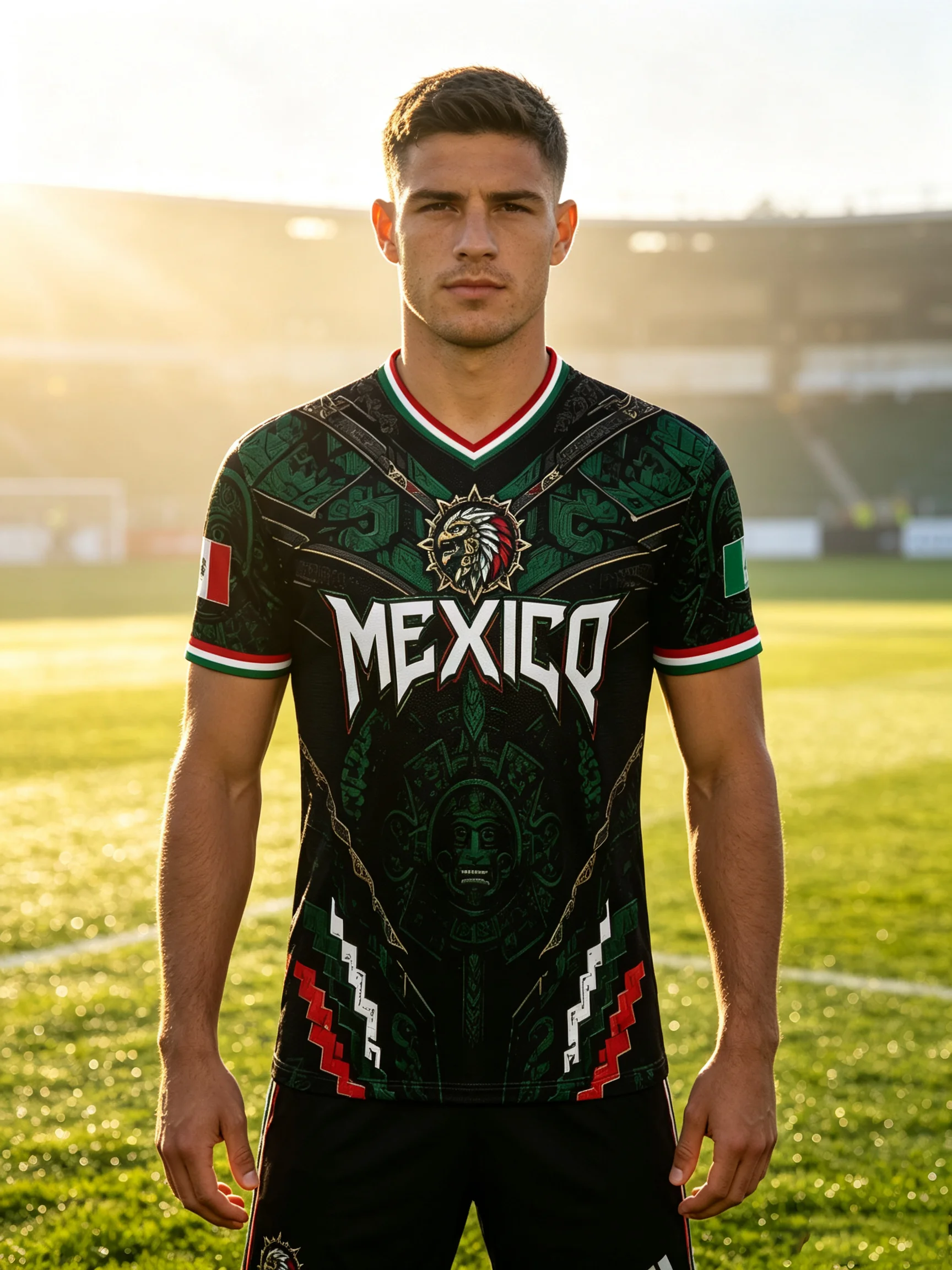2026 Mexico V‑neck soccer jersey, Aztec totem and eagle‑head print, green‑toned vintage graphic, stretch quick‑dry fabric