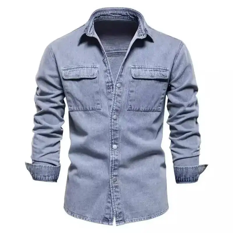 Men's Summer Vintage Casual Long Sleeve Denim Loose Fit Trendy Versatile Shirt Top Jacket Thin Material Regular Length