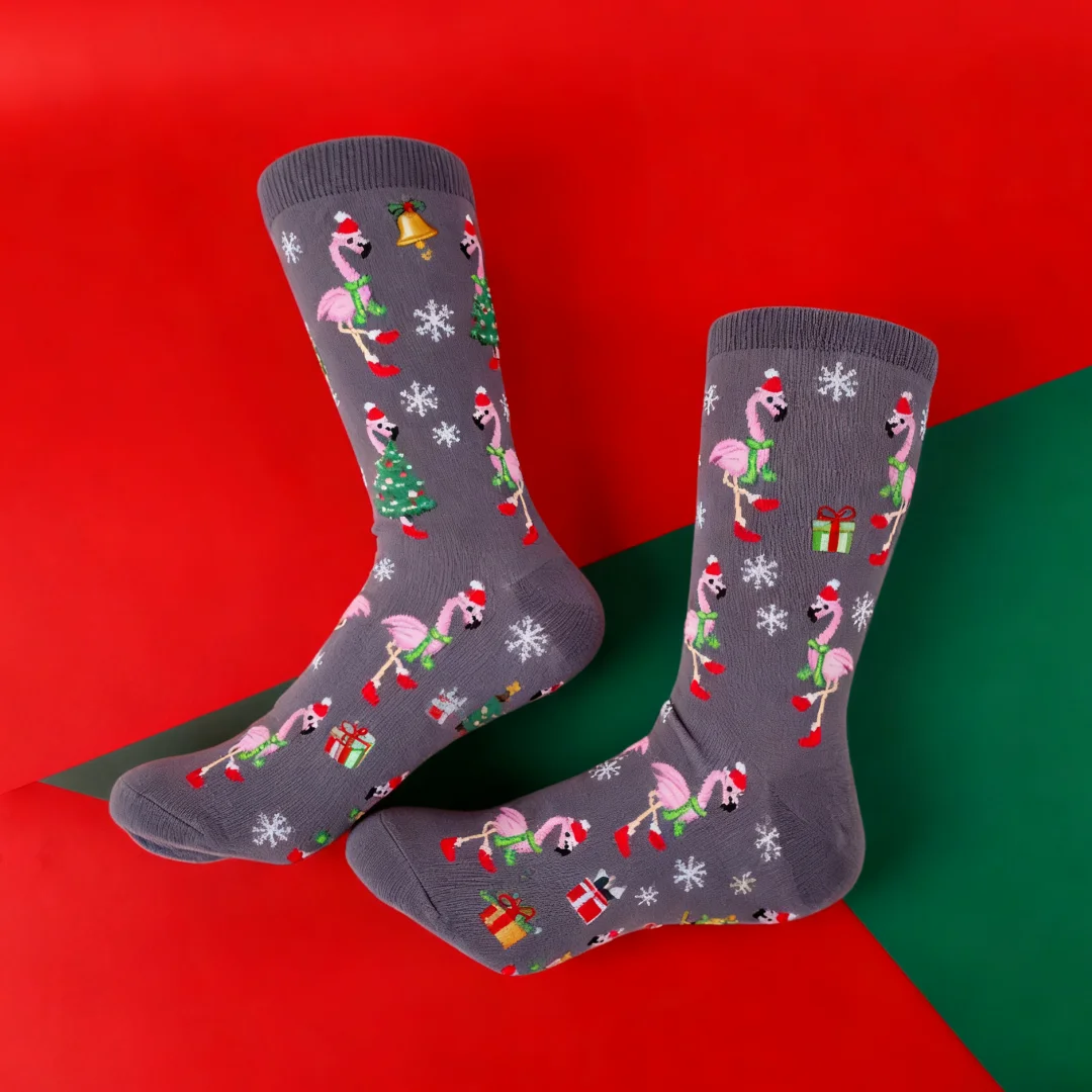 

1 Pair of Christmas Flamingo Pattern Women's Mid-Calf Socks, Festive Season Style