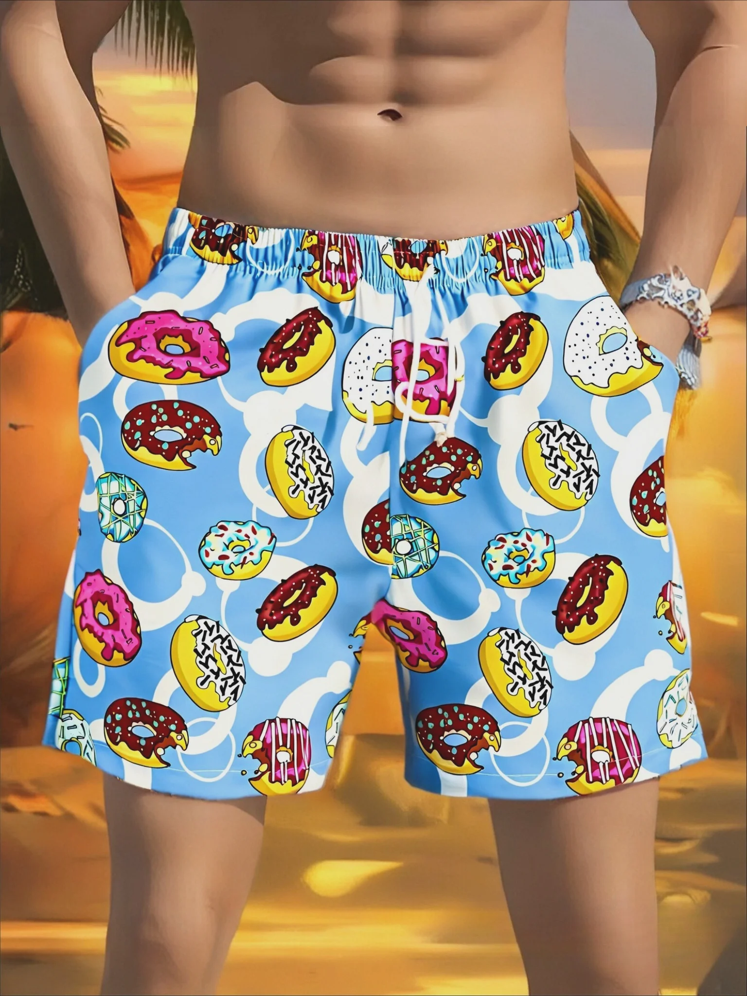 

Men's Quick-Dry Swim Shorts - Lightweight Beach Board Shorts with Donut Print, Regular Fit Boardwalk & Surfing Shorts
