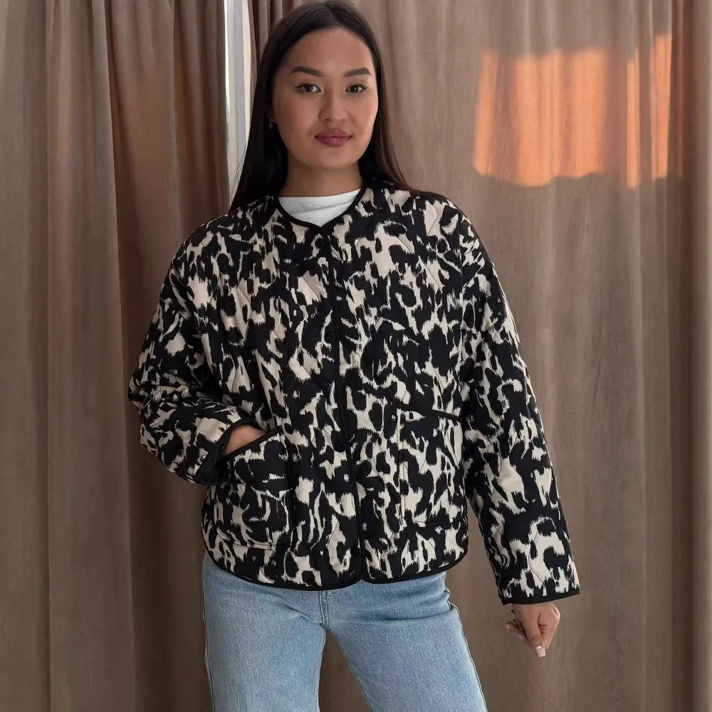 

Women's Fashionable Single-Breasted Cotton Jacket V Neck Long-Sleeved Loose Casual Style Exclusive for Export