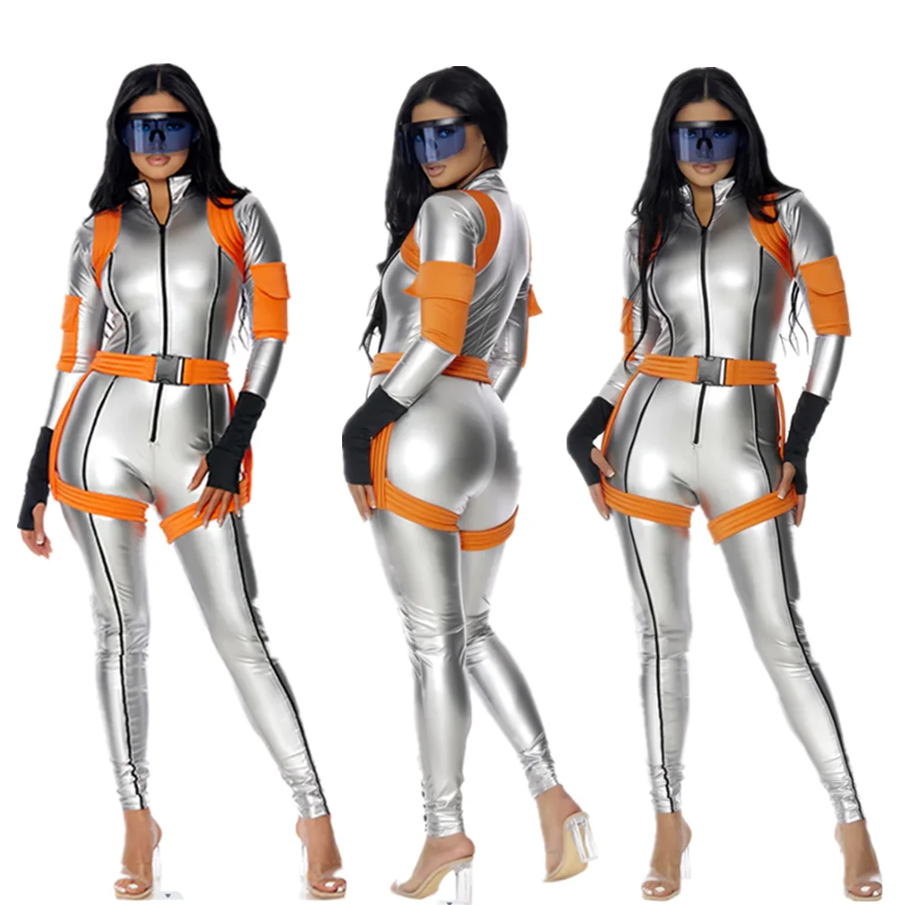 

Halloween Masquerade Astronaut Jumpsuit Silver Spacewoman Cosplay Costume Carnival Party Alien Robot Fancy Dress