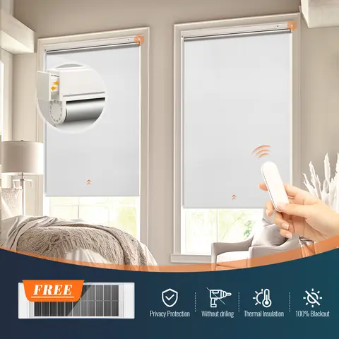No-Drill smart curtain roller blind with remote control, solar-powered automatic indoor electric blinds