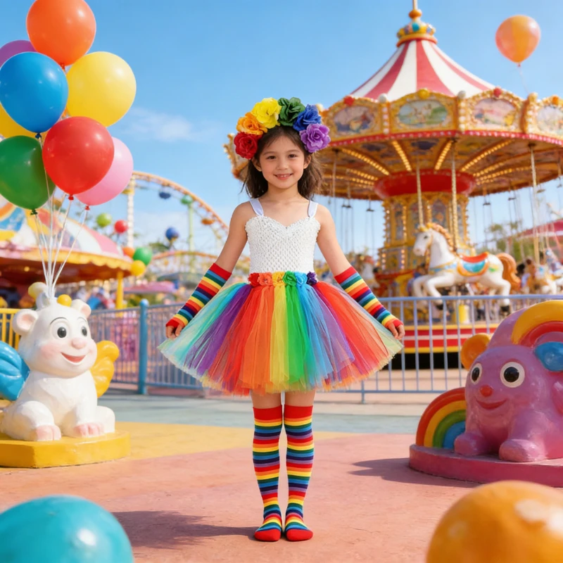Kids Rainbow Tulle High Low Dress V-Neck Flower Girl Tutu Princess Gown Formal Outfit for Christmas Halloween Birthday Occasion