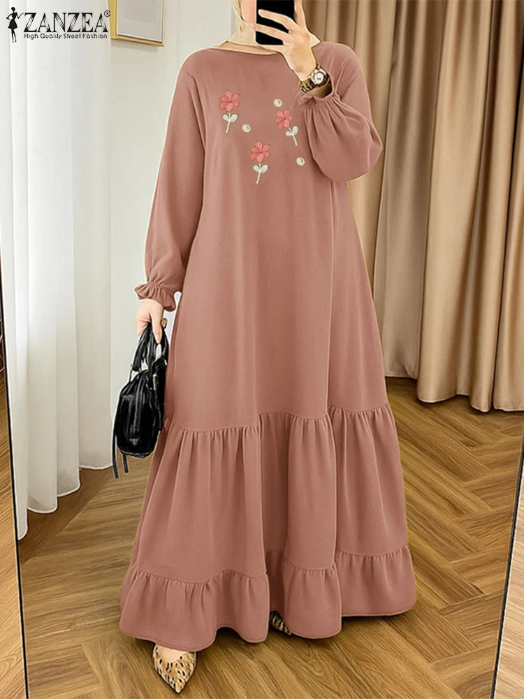ZANZEA femmes automne broderie Maxi robes mode Robe musulmane dubaï Abaya longue lanterne manches Robe Femme robes florales 2025