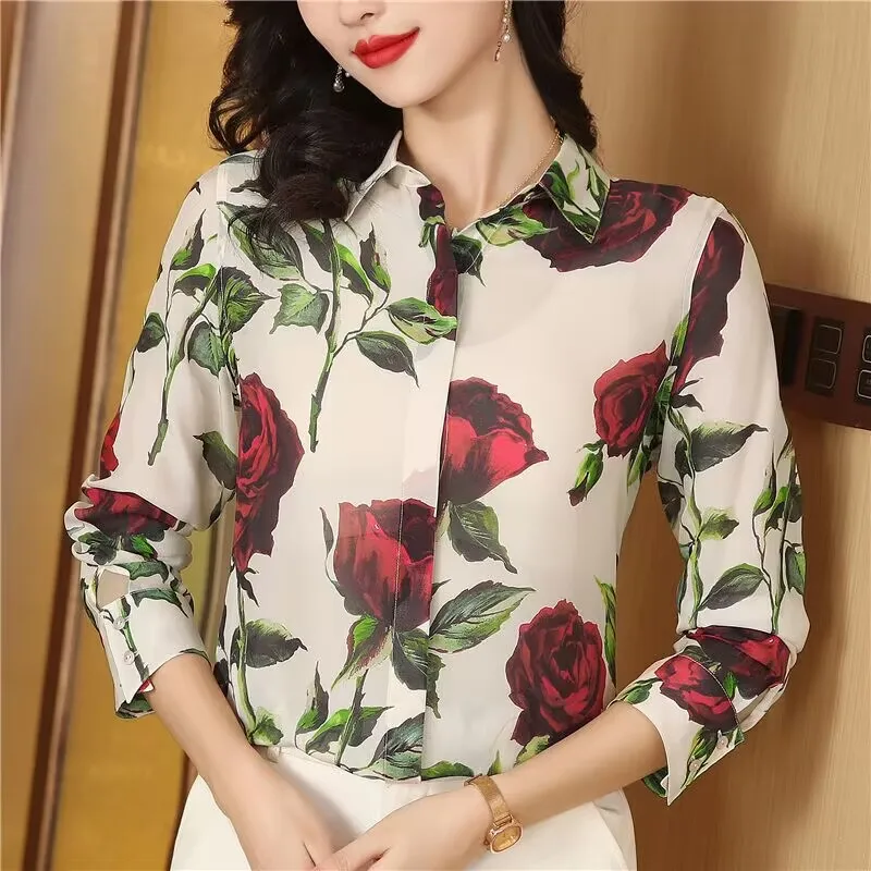 

Unique Clothing Spring New Thin Blouse For Women Rose Print Long Sleeve Sun Protection Silk Top