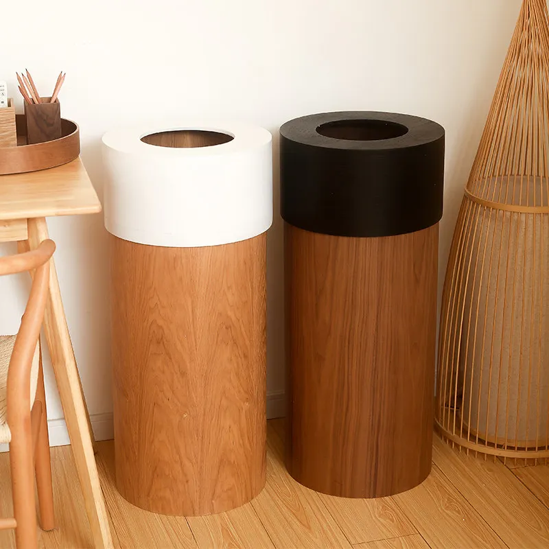 Large Round Trash Can Black Walnut Waste Basket for Hotel Commercial Wooden Garbage Bin High-End Minimalist Paper Wastebasket