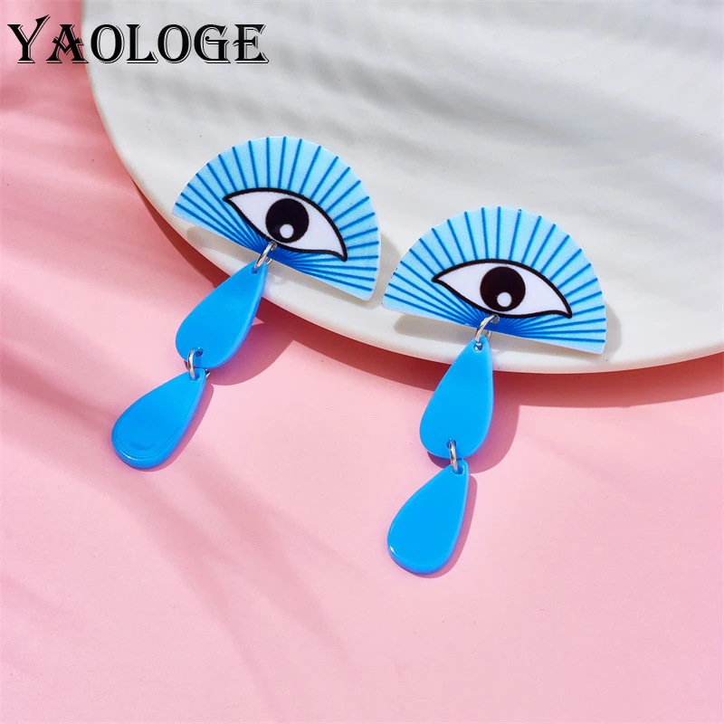 YAOLOGE Acrylic Blue Semi-Circular Eye Teardrop Earrings For Women New Trend Girls Wacky Graffiti Ear Jewelry Party Gifts Серьги