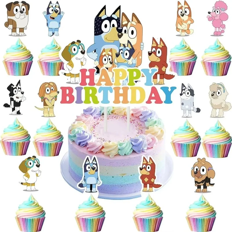 Décoration de gâteau thème Bluey, 25 pièces/ensemble, dessus de Cupcake Bingo de dessin animé, joyeux anniversaire pour enfants, décorations de gâteau de fête d'anniversaire et de Dessert