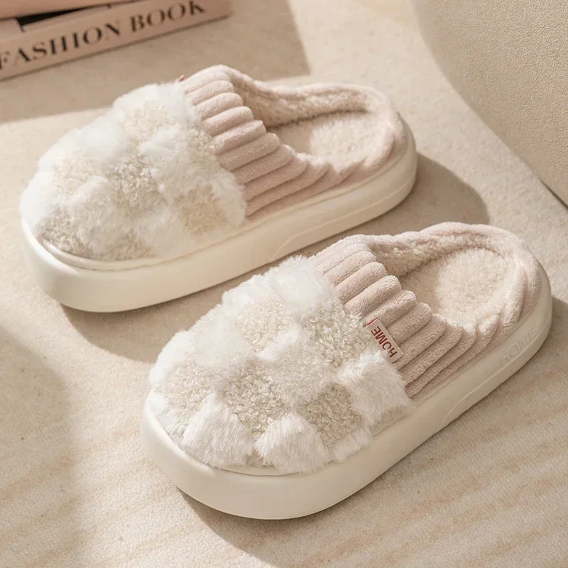 ฤดูใบไม้ร่วงฤดูหนาว Plush WARM ผู้หญิงรองเท้าแตะผ้าฝ้ายสบายๆในร่ม Home Toe Wrap สไลด์การ์ตูนผู้ชาย Anti SLIP หนาแพลตฟอร์มรองเท้านุ่ม