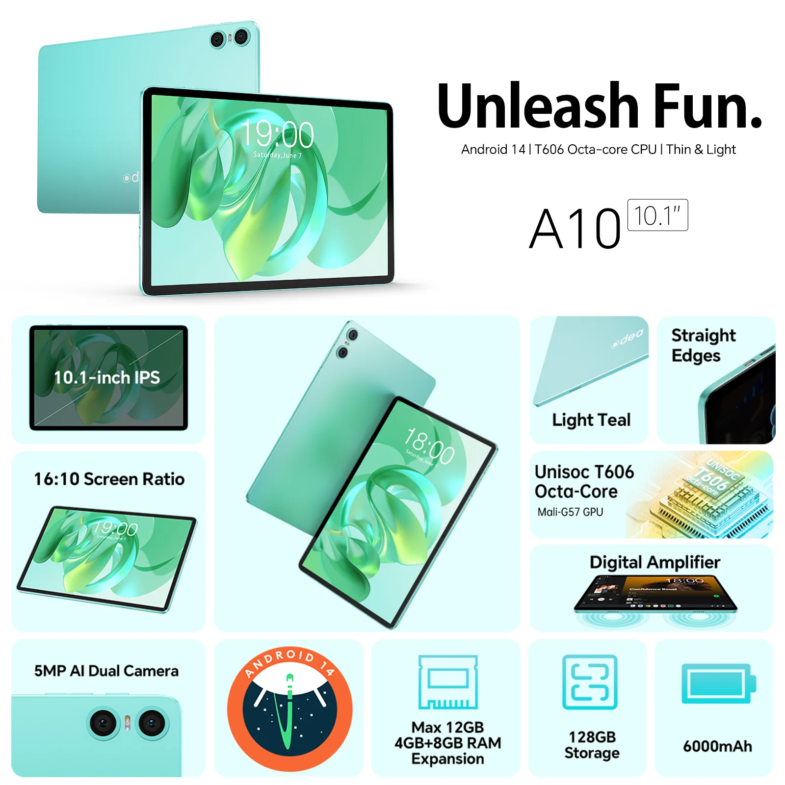 تابلت Teclast Odea A10 Android 14، 10.1 بوصة Ips، (4Gb+8Gb)12Gb Ram، 128Gb Rom، 8 Cores، Unisoc T606، 1280X800، Mali-G57، 6000Mah، 5Mp+2Mp، يدعم Tf حتى 1Tb، Type C، Widevine L1