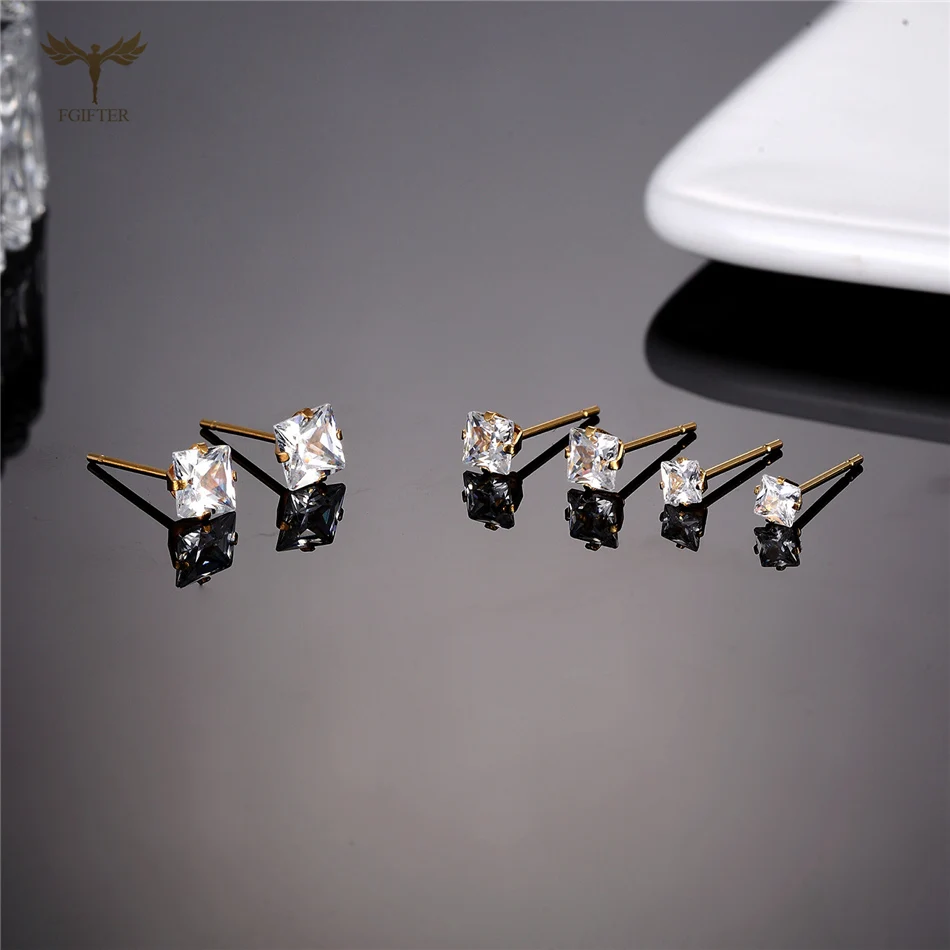 12 Pairs Stud Earrings Set 3-6mm Square Zircon Golden Stainless Steel Jewelry Ear Piercing Women Men Teens Accessories Wholesale