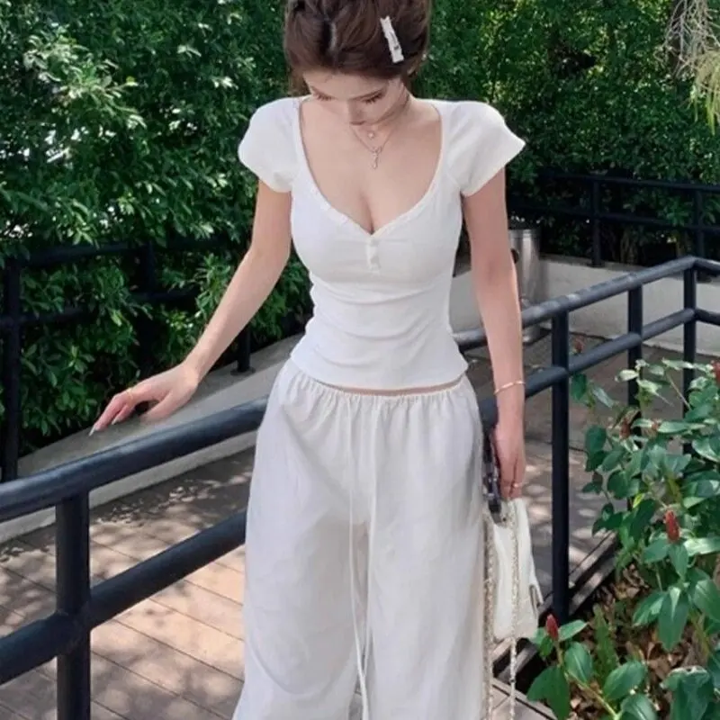 Pure Desirable V-Neck Button Belly-Baring Short Sleeve T-Shirt Women Summer Hong Kong Style Spicy Girl Slim Fit Waist-Cinchin...