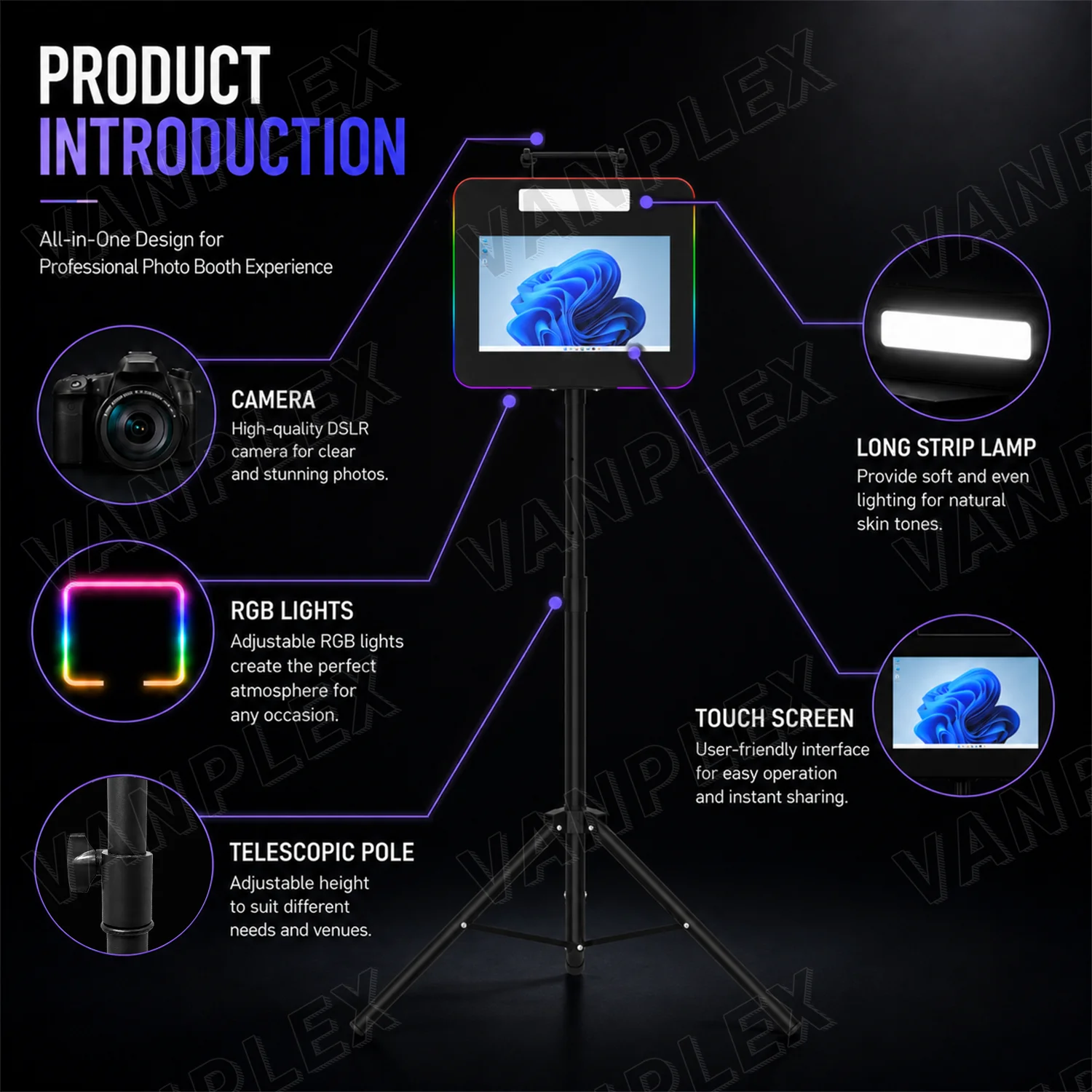 Mobile Photo Booth Machine 15.6 Inch Touch Screen  Camera Compatible Tripod Kiosk For Event Rental Studio