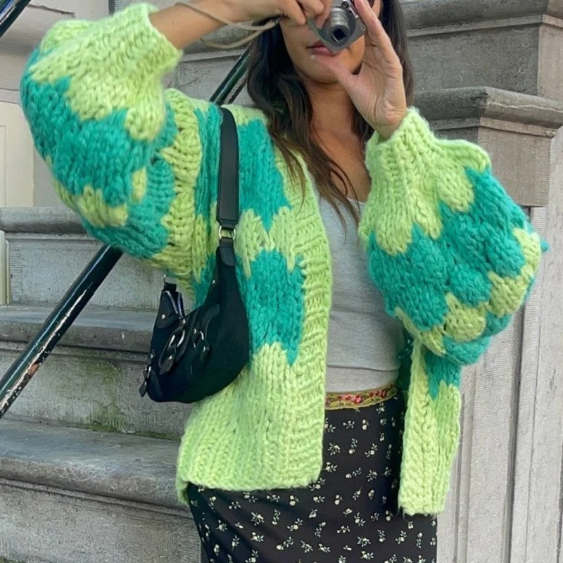 Women Knitted Chunky Cardigan Sweaters Open Front Oversized Cardigans Colorful Y2k Sweater Coats for 90s Trendy Streetwear