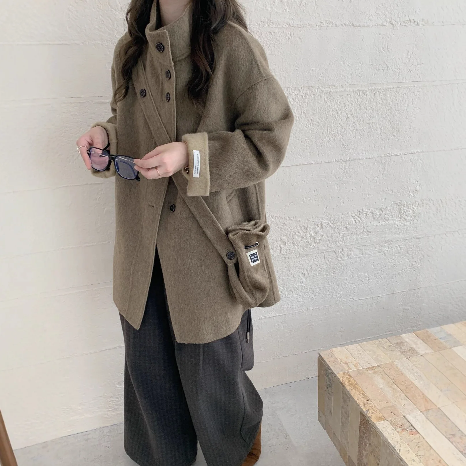 Dwustronny płaszcz wełniany z długim stójką, jesienno-zimowy, damska torebka crossbody, nowość, ocieplany zimowy...