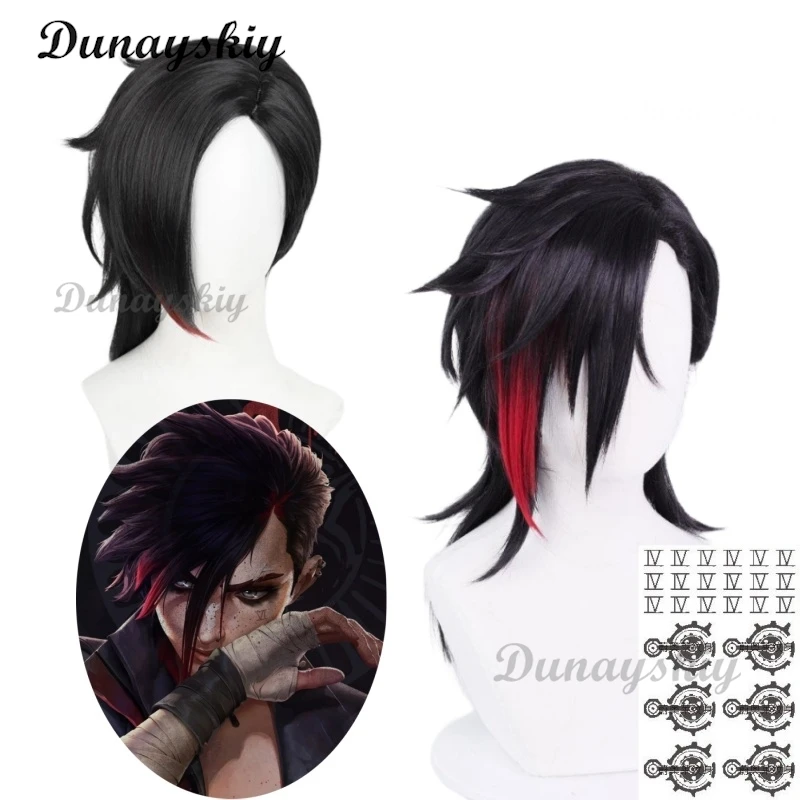 Game LOL Arcane Season 2 Vi Cosplay Wig Vi 30cm Black Short Hair for Men Halloween Carnival Party Role Play Wigs Customized