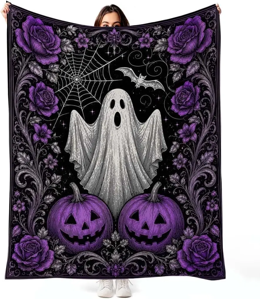 MASLEK Purple Ghost Halloween Flannel Blanket Gothic Floral, 50 x 60 inch |   Soft flannel throw with ghost pumpkin and rose design for sofa reading and Halloween decor as a birthday or holiday gift